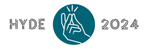 At the bottom of the website you can see the official Hyde logo: It is a petrol blue circle in it you can see a hand drawn in a thick lineart style. The hand is in motion and about to snap. Radiating from the thumb and middlefinger, which are touching there are three dashes that signify sound or movement. Written to the left and right to the logo are the words "HYDE" and "2024"